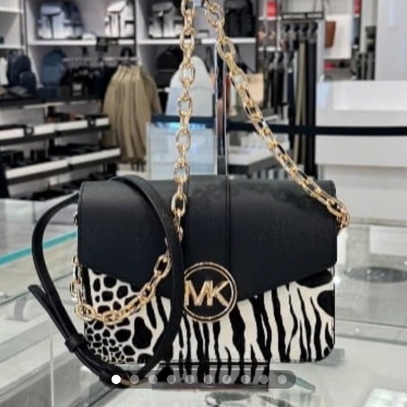 Michael Kors Carmen Medium Flap Chain Shoulder Crossbody Bag Black Haircalf - Picture 12 of 16